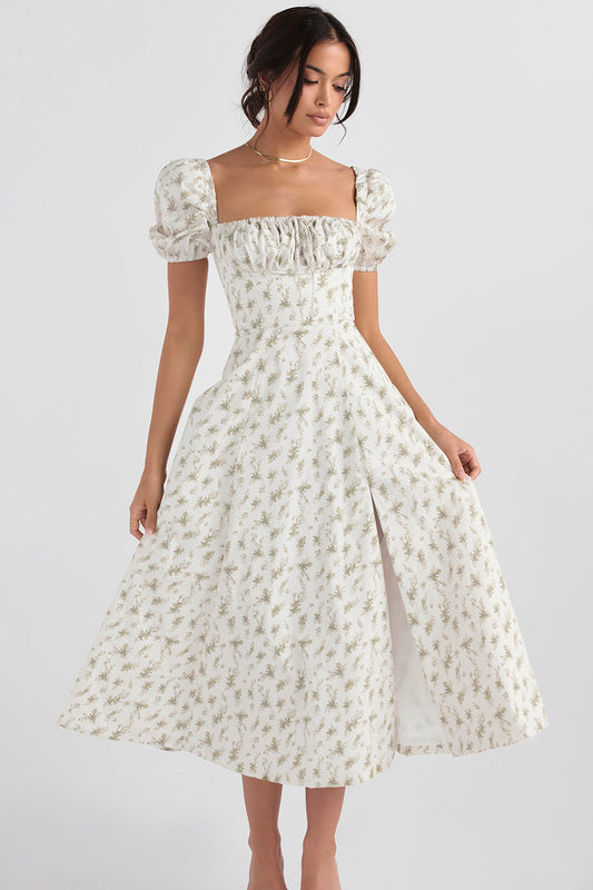 Robe midi femme – Coupe évasée – Coton léger – Manches bouffantes – Encolure carrée