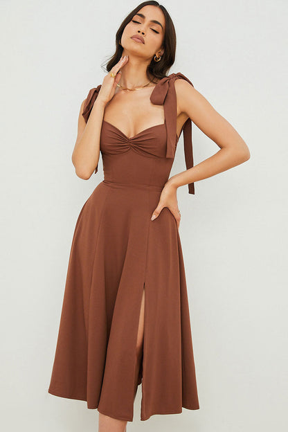 Women's Midi Dress – Flared Cut – Ruched Neckline – High Slit – Tied Straps