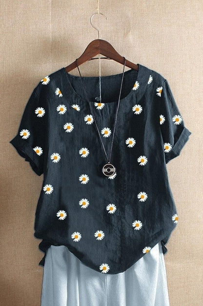 Women's T-shirt – Relaxed fit – Daisy floral print – Short sleeves – Breathable fabric