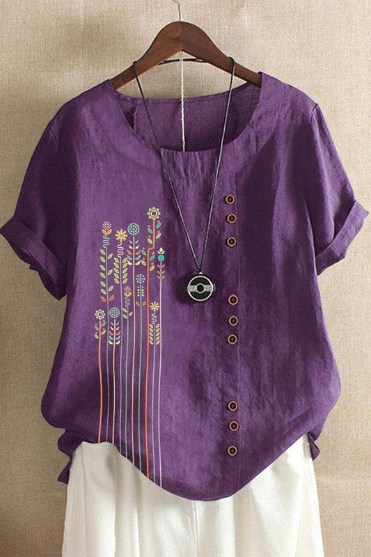 Women's T-shirt – Relaxed fit – Asymmetrical hem – Decorative buttons – Breathable fabric