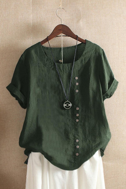 Women's blouse – Loose fit – Natural fibers – Short sleeves – Round neck – Decorative buttons
