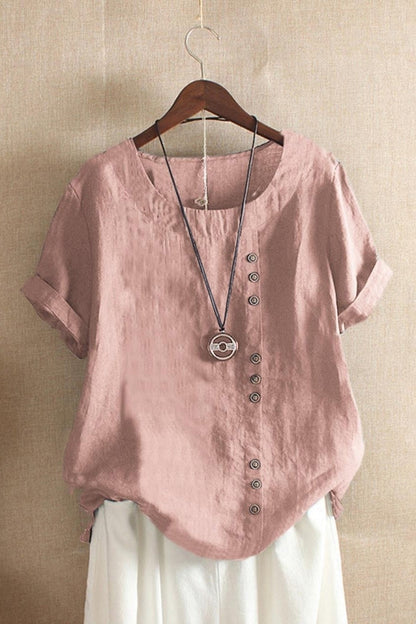 Women's blouse – Loose fit – Natural fibers – Short sleeves – Round neck – Decorative buttons