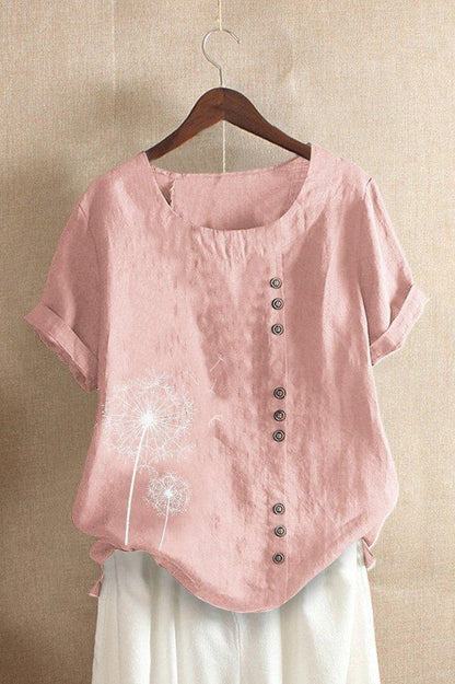 Women's T-shirt – Relaxed fit – Natural fibers – Floral print – Crew neck – Short sleeves – Decorative buttons