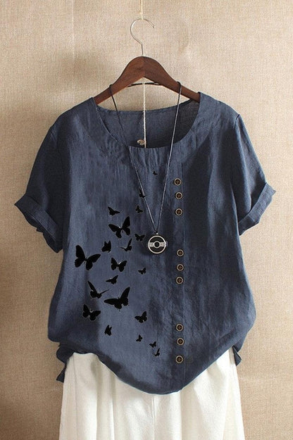 Women's T-shirt – Relaxed fit – Rolled-up sleeves – Round neck – Butterfly print