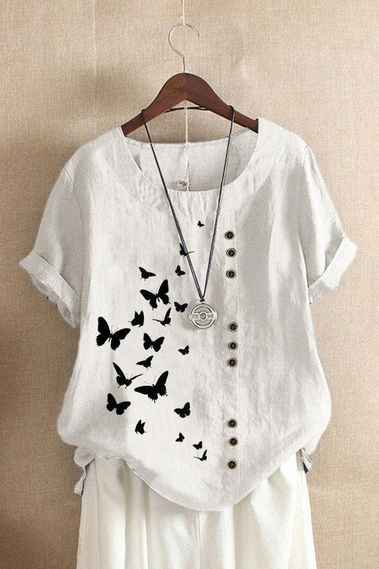 Women's T-shirt – Relaxed fit – Rolled-up sleeves – Round neck – Butterfly print