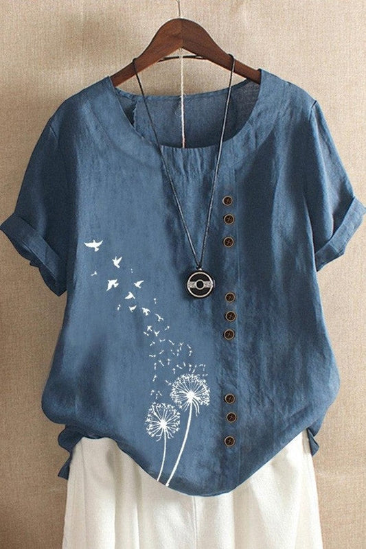 Women's T-shirt – Relaxed fit – Button detail – Short rolled sleeves – Natural fibers