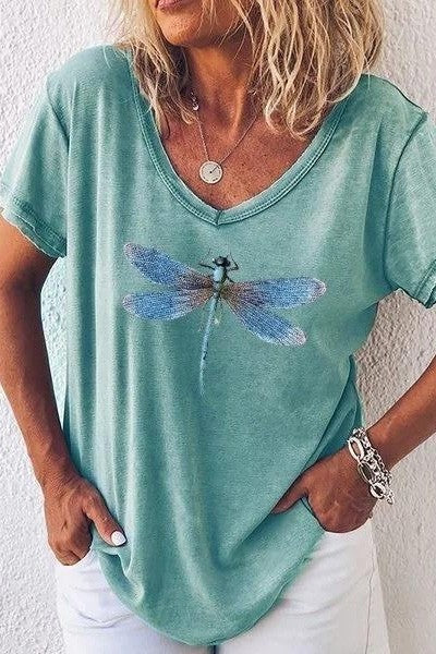 T-shirt femme col V – coupe décontractée – manches courtes – imprimé libellule