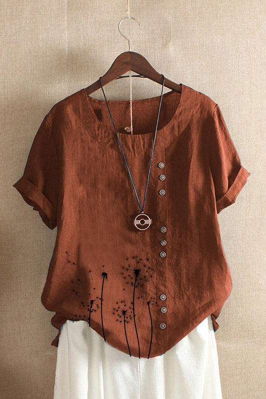 Women's T-shirt – Relaxed fit – Short sleeves – Natural fibers – Decorative buttons