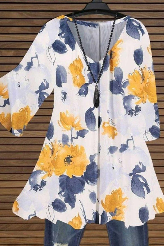 Women's blouse – Fluid tunic – V-neck – Mid-length sleeves – Floral print