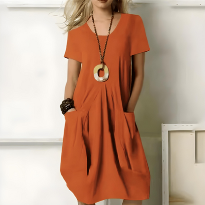Women's midi dress – Relaxed fit – Short sleeves – Round neck – Breathable fabric – Pockets