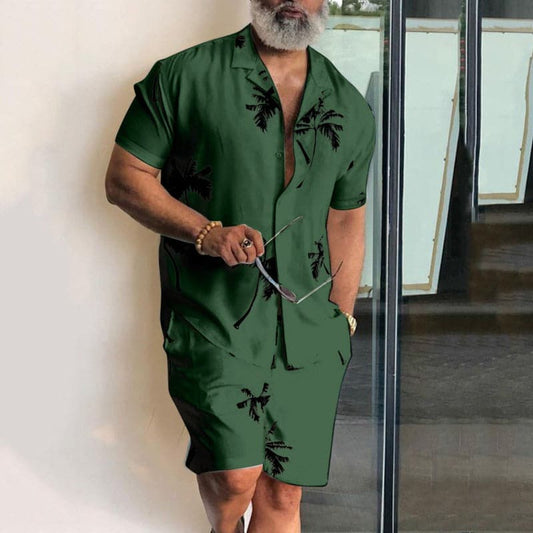 Men's set shirt and shorts – Relaxed fit – Cotton – Lapel collar – Tropical print