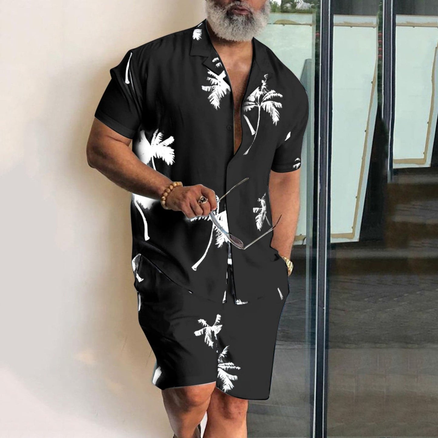 Men's set shirt and shorts – Relaxed fit – Cotton – Lapel collar – Tropical print