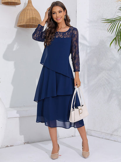 Robe femme midi – Coupe fluide – Manches dentelle – Chiffon superposé élégant