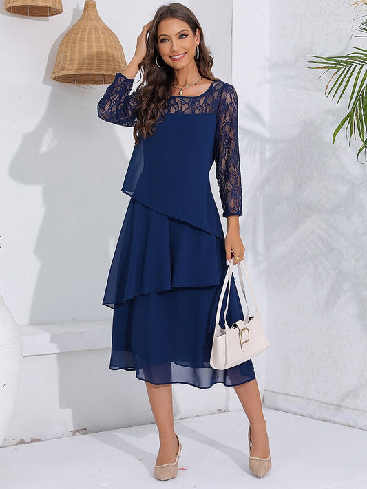 Robe femme midi – Coupe fluide – Manches dentelle – Chiffon superposé élégant