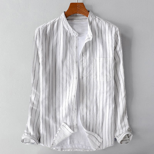 Striped Mandarin-Collar Button-Up Shirt for Men – Breathable Linen Comfort