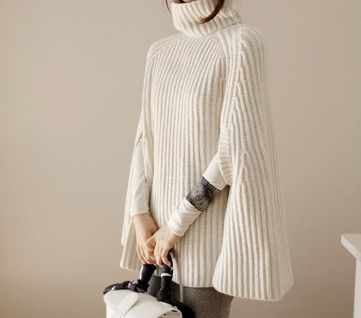 Elara Turtleneck Knit Cape Sweater | Oversized Ribbed Winter Poncho
