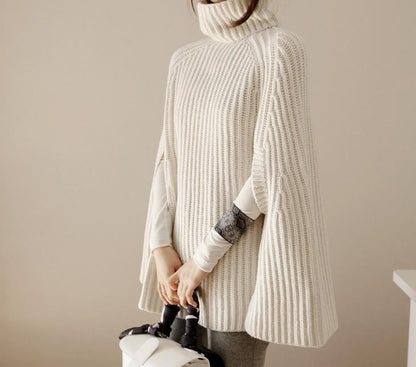 Elara Turtleneck Knit Cape Sweater | Oversized Ribbed Winter Poncho
