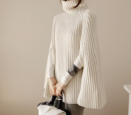 Elara Turtleneck Knit Cape Sweater | Oversized Ribbed Winter Poncho