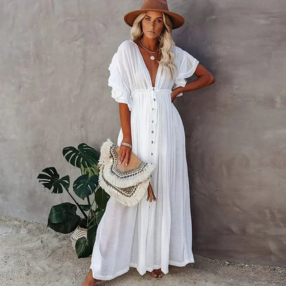 Robe longue femme – Coupe fluide – Coton léger – Manches bouffantes – Décolleté V