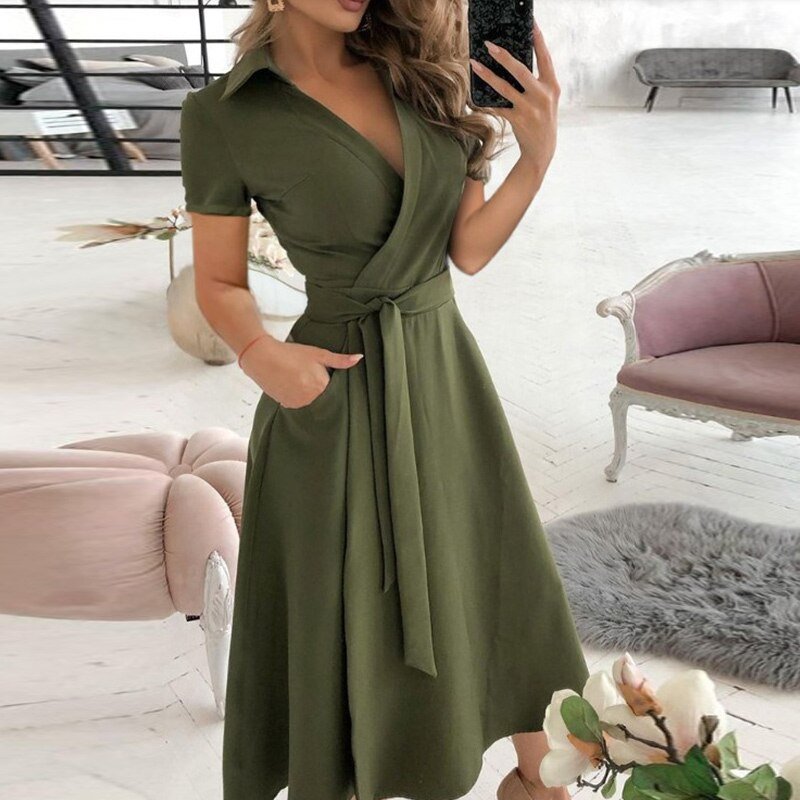 Robe midi femme – Coupe portefeuille – Ceinture à nouer – Manches courtes – Tissu respirant