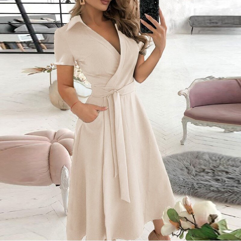 Robe midi femme – Coupe portefeuille – Ceinture à nouer – Manches courtes – Tissu respirant