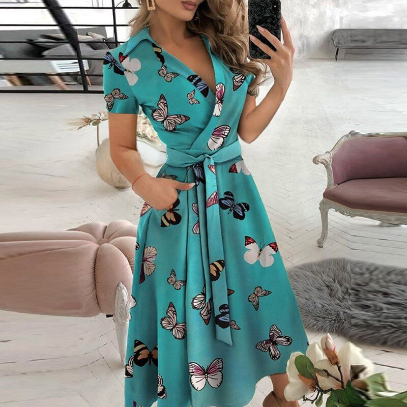 Robe midi femme – Coupe portefeuille – Ceinture à nouer – Manches courtes – Tissu respirant