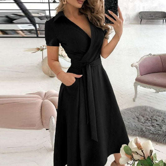 Robe midi femme – Coupe portefeuille – Ceinture à nouer – Manches courtes – Tissu respirant