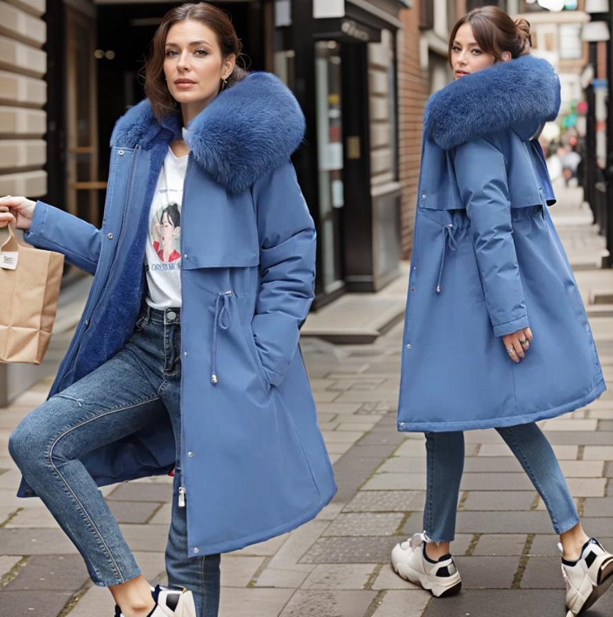 Women's Coat - Woven Fabric - Relaxed Fit - Faux Fur Hood - Knee Length