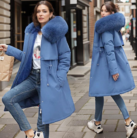 Women's Coat - Woven Fabric - Relaxed Fit - Faux Fur Hood - Knee Length