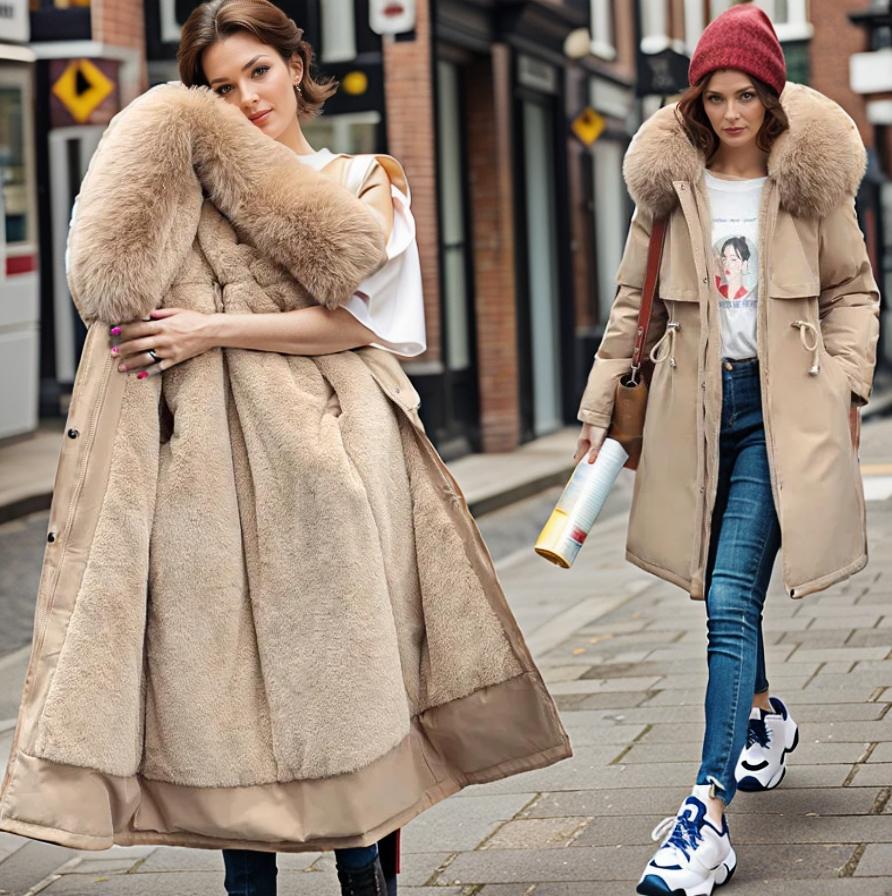 Women's Coat - Woven Fabric - Relaxed Fit - Faux Fur Hood - Knee Length