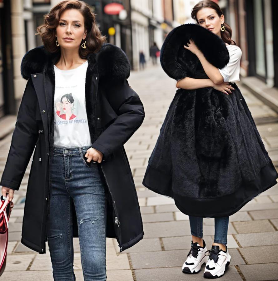 Women's Coat - Woven Fabric - Relaxed Fit - Faux Fur Hood - Knee Length