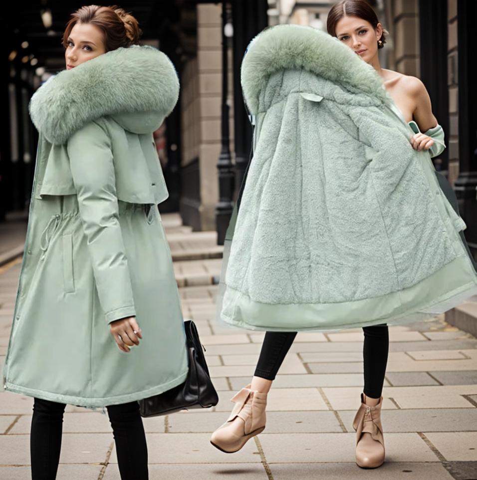 Women's Coat - Woven Fabric - Relaxed Fit - Faux Fur Hood - Knee Length