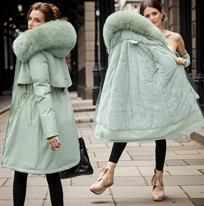 Women's Coat - Woven Fabric - Relaxed Fit - Faux Fur Hood - Knee Length