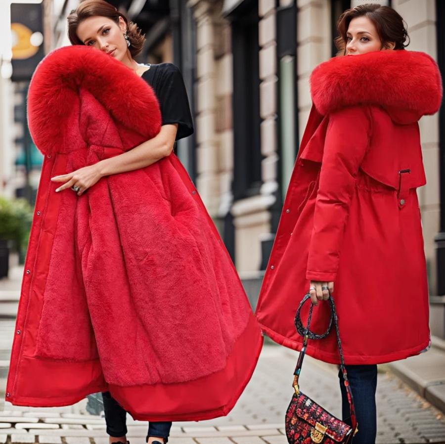 Women's Coat - Woven Fabric - Relaxed Fit - Faux Fur Hood - Knee Length