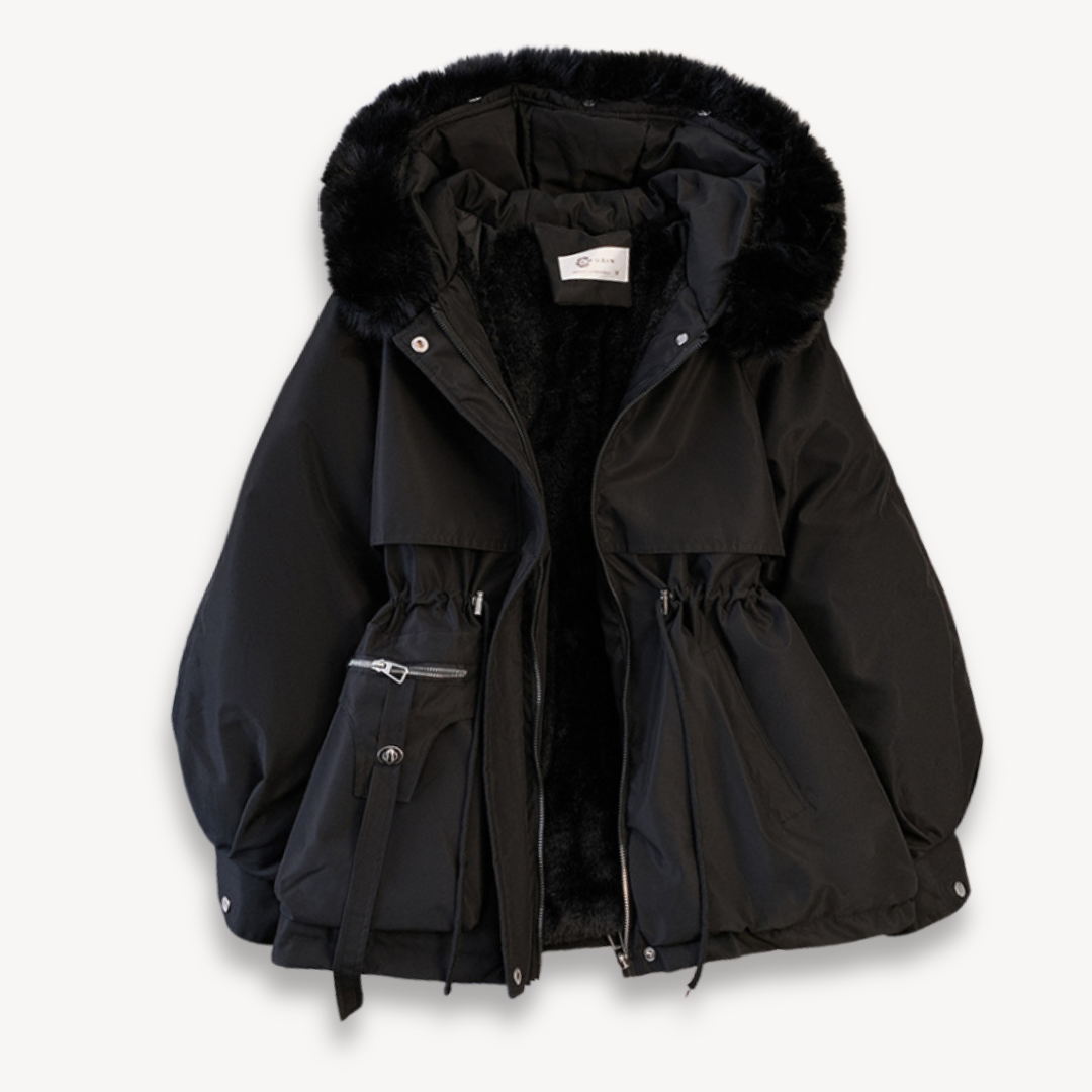 Women's Parka - Faux Fur Hood - Cinched Waist - Relaxed Fit - Hip Length