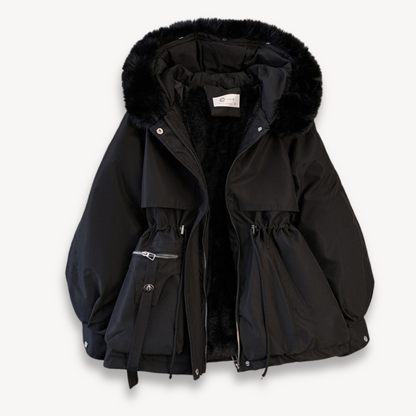 Women's Parka - Faux Fur Hood - Cinched Waist - Relaxed Fit - Hip Length