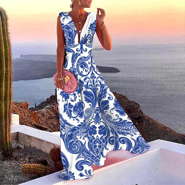 Women's long dress – Flowing cut – Sleeveless – V-neck – Floral print