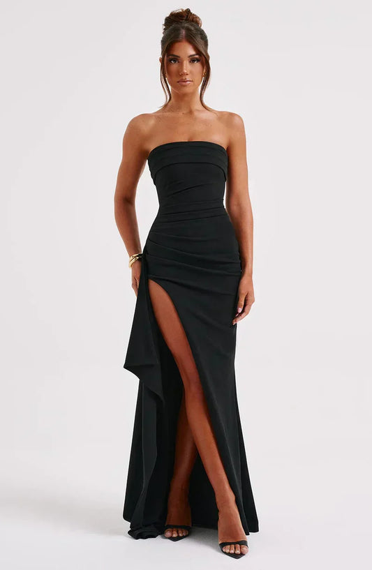 Robe de soirée femme – Coupe slim – Épaules dénudées – Fente haute – Tissu fluide