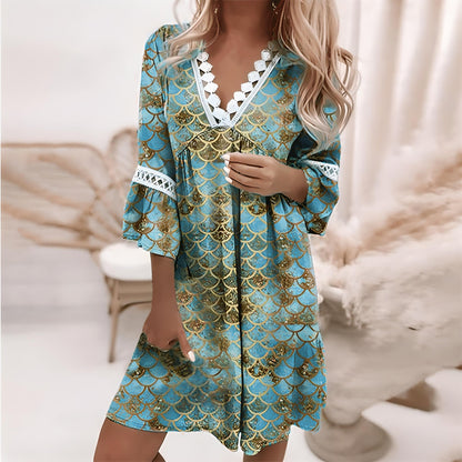 Mini dress for women – Flowy cut – Lace V-neck – Elegant flared 3/4 sleeves